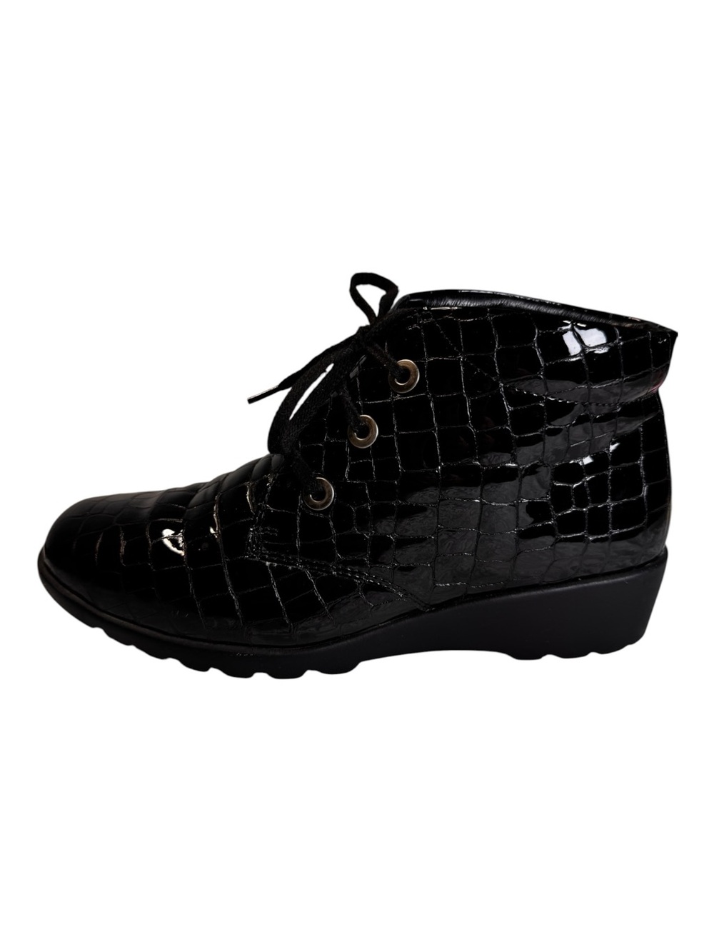 Josef Seibel Caren Croc Embossed Patent Leather Wedge Booties Black 38 7.5